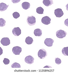 Vector seamless abstract pattern with hand painted watercolor polka dots. Pastel purple on white. Clipping paths included. The editable texture on Swatches Panel and the style on Graphic Styles Panel