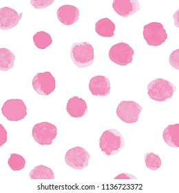 Vector seamless abstract pattern with hand painted watercolor polka dots. Pink on white. Clipping paths included. The editable texture is on Swatches Panel and the style on Graphic Styles Panel.