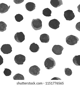 Vector seamless abstract pattern with hand painted watercolor polka dots. Dark grey on white. Clipping paths included. The editable texture is on Swatches Panel and the style on Graphic Styles Panel