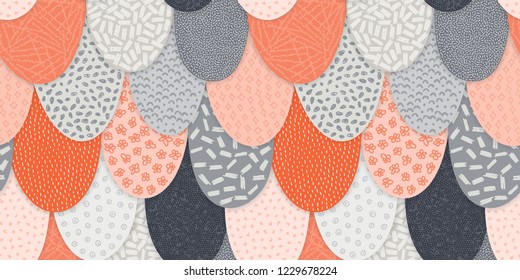 Vector seamless abstract pattern with hand drawn arc shapes. Textured figure. It looks like cloth scraps or squama. Material design. Creative background. Wallpaper, textile, wrapping, print on clothes
