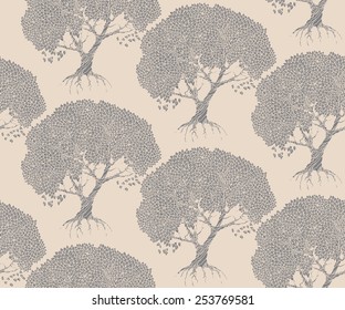 Vector seamless abstract pattern from hand drawn silver grey tree silhouettes on light beige  background