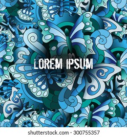 Vector seamless abstract pattern with hand drawn blue butterflies and place for text. Endless background. For web, design, textile, covers, wrapping.