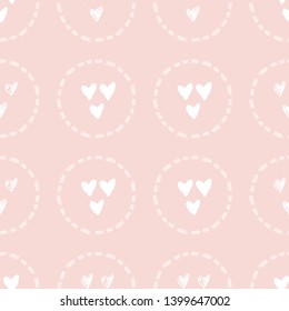 Vector seamless abstract pattern. Hand-drawn texture of white hearts in curve pointed frame isolated on pink background. Freehand drawing. Wallpaper, paper, fabric, textile, wrapping paper design