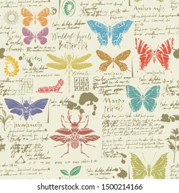 Vector seamless abstract pattern with insects. Colorful butterflies, beetles, ink spots, sketches and notes on the old manuscript background. Suitable for wallpaper, wrapping paper, textile, fabric