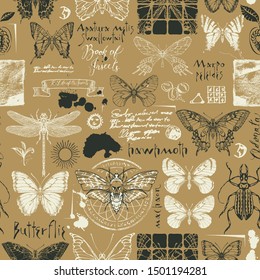 Vector seamless abstract pattern with insects. Various butterflies, beetles, ink spots, sketches and notes on beige background in vintage style. Suitable for wallpaper, wrapping paper, textile, fabric