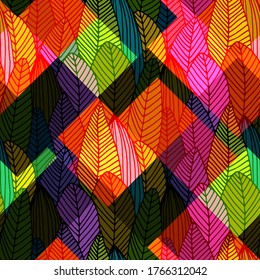 Vector seamless abstract pattern with leaf. Seamless pattern with transparency, stains and splashes.