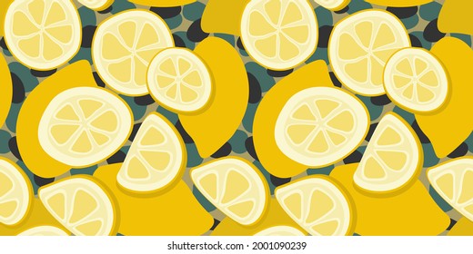Vector seamless abstract pattern with lemons on colorful background, that consists of beige, dark-green and dark-grey spots.