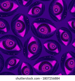 Vector seamless abstract pattern of lined ornamental oval eye shapes on purple