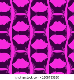 Vector seamless abstract pattern of lined ornamental lips shapes in neon purple