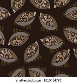 Vector seamless abstract pattern of lined ornamental eye shapes in brown tones. Mysterious graphic illustration. The design is perfect for backgrounds, textiles, surfaces, wrapping paper, sheets