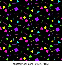 Vector seamless abstract pattern in Memphis style, neon pattern on black background