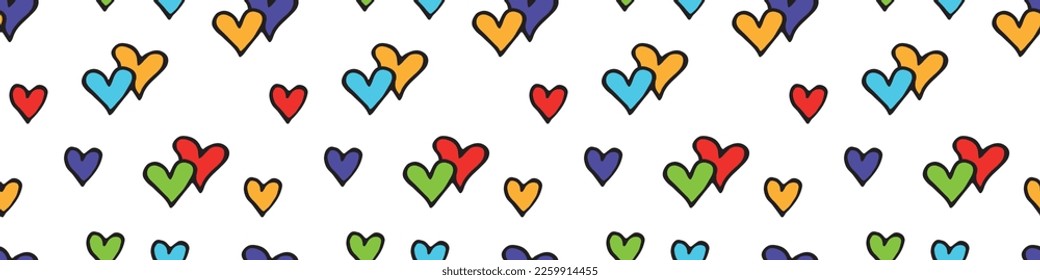Vector seamless abstract pattern with multicolored hearts in doodle flat style. Hand drawn texture for wrapping paper, Valentine's Day, romantic design