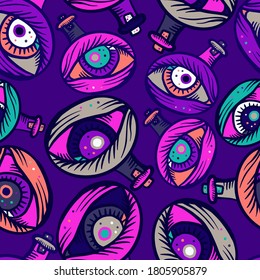 Vector seamless abstract pattern of ornamental eyes in test tube in purple color