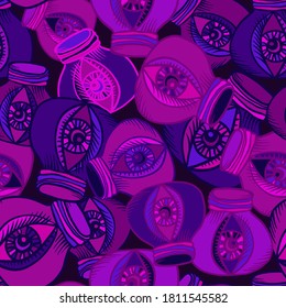 Vector seamless abstract pattern of ornamental eyes in test tube in neon purple color. Mysterious graphic design. The design is perfect for backgrounds, textiles, surfaces, wrapping paper, sheets