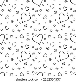 Vector Seamless abstract pattern of outline elements hearts points drops spirals. Hand drawn doodle background, texture for textile, wrapping paper, Valentine's day