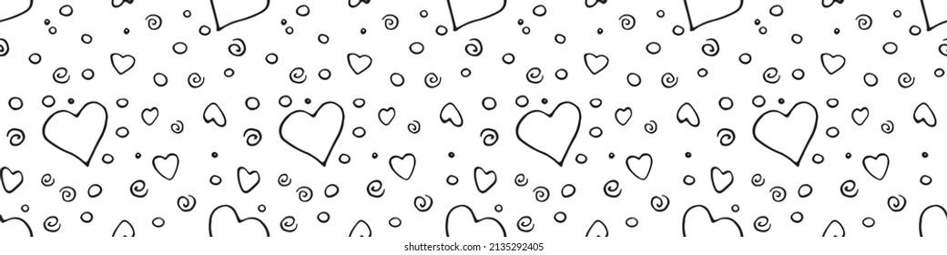 Vector Seamless abstract pattern of outline elements hearts points drops spirals. Hand drawn doodle background, texture for textile, wrapping paper, Valentine's day