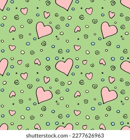 Vector Seamless abstract pattern of outline colorful elements hearts points drops spirals. Hand drawn doodle background, texture for textile, wrapping paper, Valentine's day