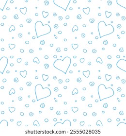 Vector Seamless abstract pattern of outline elements hearts points drops spirals. Hand drawn doodle background, texture for textile, wrapping paper, Valentine's day