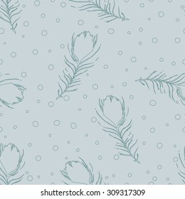 Vector seamless abstract pattern with peacock feathers and dots. Vintage gray blue background. Light backdrop. Hand-drawn texture.