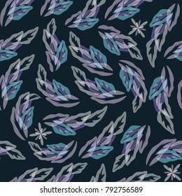 Vector seamless abstract pattern with petals in a cold pastel tone on a dark background.