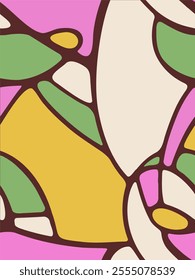 vector seamless abstract pattern with purple outline in white, pink, yellow and green colors
