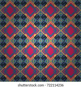 Vector seamless abstract pattern with with rhombus and tiles background in retro yellow, blue and pink colors. Endless pattern can be used for ceramic tile, wallpaper, linoleum, textile, backgrounds.