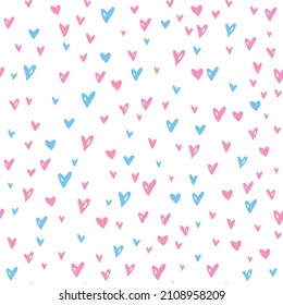 Vector Seamless abstract pattern of small blue pink hearts. Hand drawn doodle background, texture for textile, wrapping paper, Valentines day.