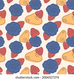 Vector seamless abstract pattern with strawberry and flowers elements. Retro style illustration, print for kitchen textile in blue, red and beige color