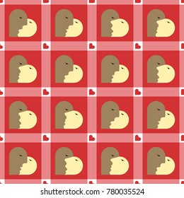 A vector seamless abstract pattern for the St.Valentine's Day with four hearts variants, made of the faces of a male and a female faces in a kiss; red background, little red hearts on a white backdrop