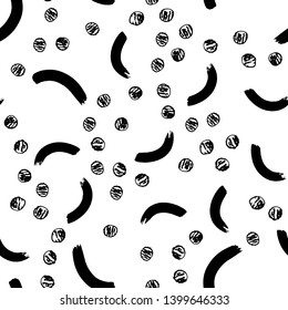 Vector seamless abstract pattern template. Hand drawn random tile of curves in surround of hatched dots isolated on white background. Freehand drawing. Fabric, textile, wrapping paper design