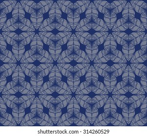 Vector seamless abstract pattern in triangular and hexagonal order on a dark indigo blue background. Silver grey geometrical frosty flowers, snowflakes, stars from stylized feather silhouette.