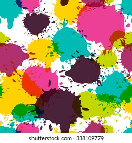 Vector seamless abstract pattern, watercolor splashes, blots, stains. Multicolor trendy hand painted background in pink, blue, yellow colors. Design for fashion print, holiday package and wrapping.