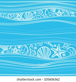 Vector seamless abstract pattern, waves and shells.