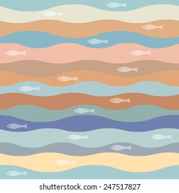 vector seamless abstract pattern, waves fish vintage retro art
