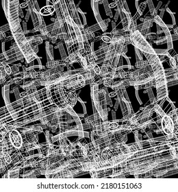 Vector seamless abstract pattern of white curves on a black background.