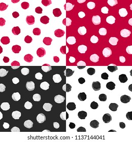 Vector seamless abstract patterns with hand painted watercolor polka dots. Black white red. There are editable textures on Swatches Panel and the styles on Graphic Styles Panel.