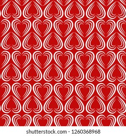 Vector seamless abstract romantic pattern. White hearts on red background. Perfect for wrapping paper or fabric.