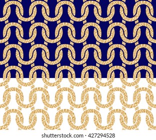 Vector seamless abstract stockinette pattern. Knitting purl loops, golden metallic dappled texture, striped background. Gold, indigo blue, white Art deco wallpaper, wrapping. Fish net. Nautical