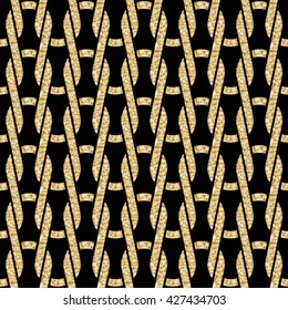 Vector seamless abstract stockinette pattern. Knitting facial loops with golden metallic dappled texture on dark background. Black and gold. Art deco decoration.Wallpaper, wrapping. Fish net
