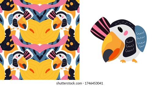 Vector seamless abstract tropical pattern with cute animal character toucans and leaves in pink, blue, yellow colors. Summer background for fabric, wallpaper, textile, wrapping paper ets.