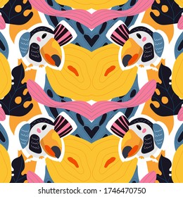 Vector seamless abstract tropical pattern with cute animal character toucans and leaves in pink, blue, yellow colors. Summer background for fabric, wallpaper, textile, wrapping paper ets.