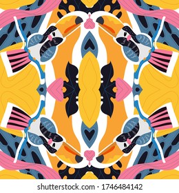 Vector seamless abstract tropical pattern with cute animal character toucans and leaves in pink, blue, yellow colors. Summer background for fabric, wallpaper, textile, wrapping paper ets.