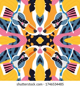 Vector seamless abstract tropical pattern with cute animal character toucans and leaves in pink, blue, yellow colors. Summer background for fabric, wallpaper, textile, wrapping paper ets.
