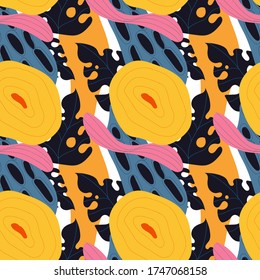 Vector seamless abstract tropical pattern with cute leaves in pink, blue, yellow colors. Summer background for fabric, wallpaper, textile, wrapping paper ets.