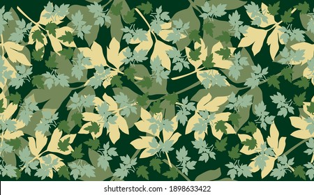 Vector seamless abstract vegetable pattern with yellow green carved leaves on a dark green background for decorating textiles, fabric, wallpaper, wrapping paper, tile, ceramics, tableware