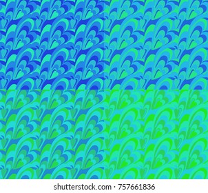 Vector seamless abstract wavy azure pattern in the form of hearts and waves. Background in four versions.
 