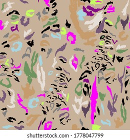 Vector seamless abstraction illustration. Tiger cheetah texture with African style abstraction for printing packaging, cards, designers, clothes, interior, icon, logo