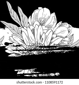 Vector seamless abstraction pattern with gerbera, tulip and lines paint spots.  White and black flowers and black paint spots. 