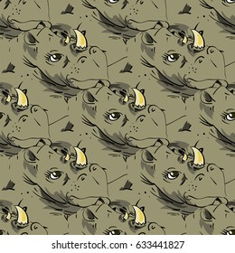 Vector Seamless African Rhinoceros Background. Animal Rhino Pattern