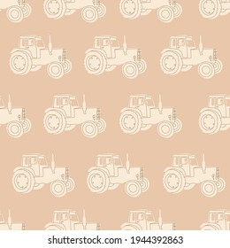 Vector seamless agricultural pattern. Repeating tractor on a beige background.